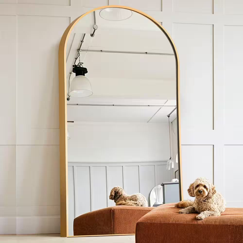 71 In. X 32 In. Modern Arch Metal Framed Gold Full-Length Leaning Mirror