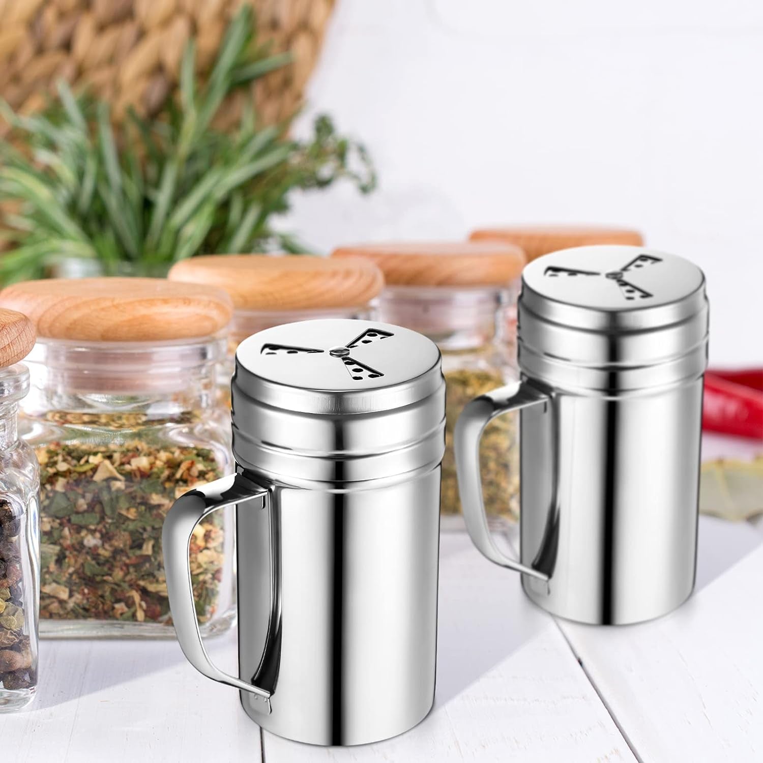 3 Pieces Seasoning Bottle with Handle Stainless Steel Spice Shaker Metal Versatile Dredge Shaker with Rotating Cover for Cooking Kitchen Gadget (Fan Style Lid,Large)