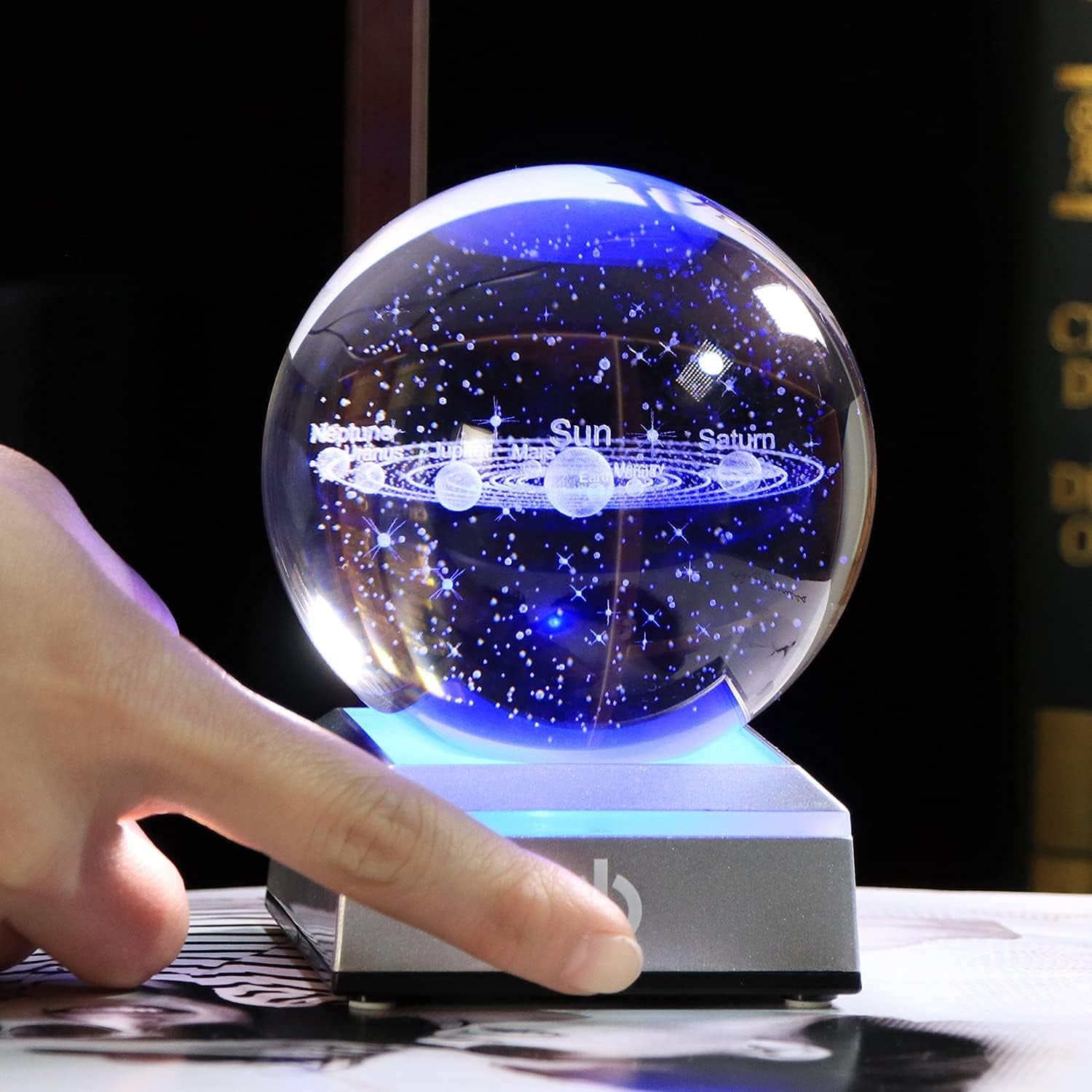 3D Solar System Crystal Ball with LED Colorful Lighting Touch Base, Solar System Model Decor Science Astronomy Gifts God Bless the World Easter Religious Space Gifts Decor