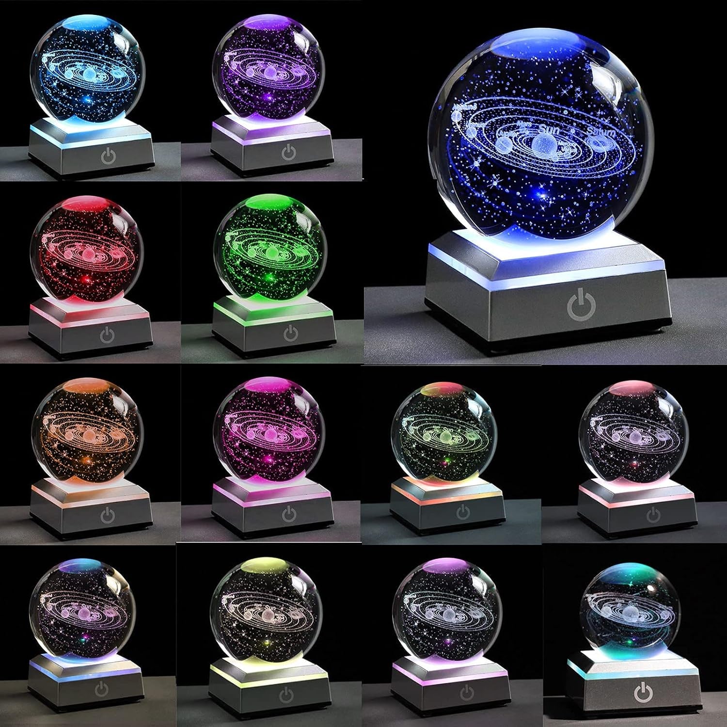 3D Solar System Crystal Ball with LED Colorful Lighting Touch Base, Solar System Model Decor Science Astronomy Gifts God Bless the World Easter Religious Space Gifts Decor