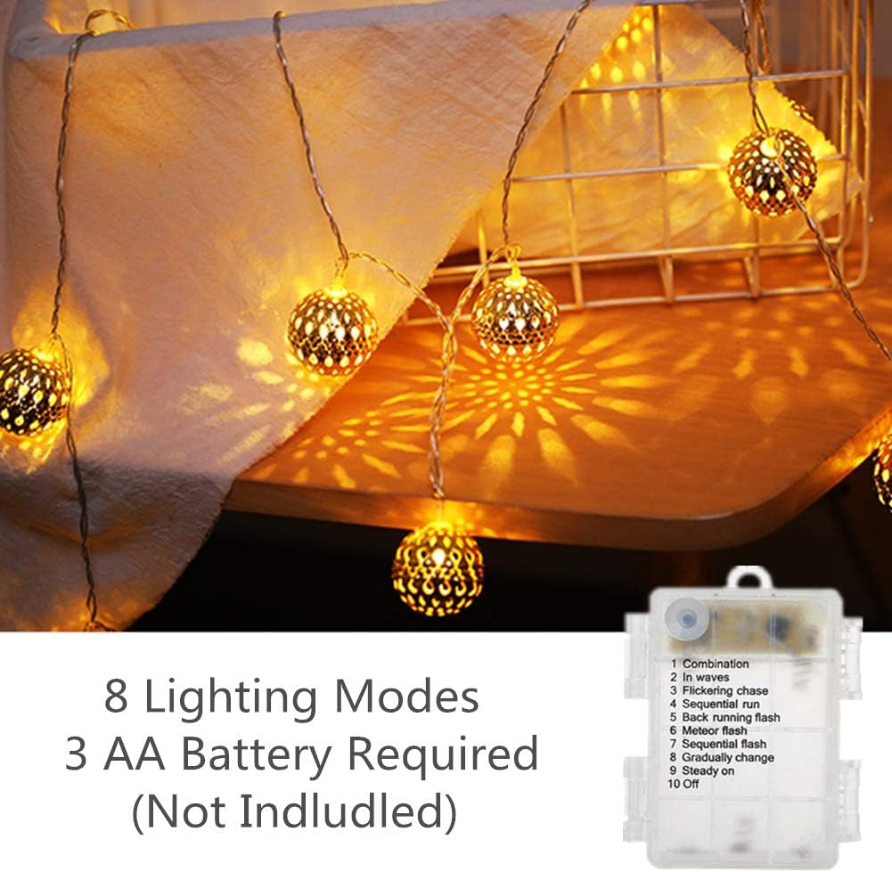 40 LED Globe String Lights, Christmas Decorations Golden Moroccan Hanging Lights Battery Operated Decor for Indoor, Home, Bedroom, Party, Wedding, Christmas Tree, Warm White