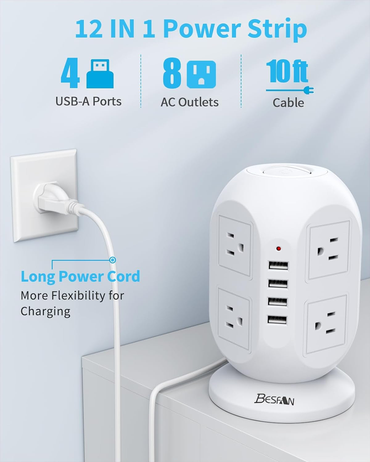 Surge Protector Power Strip Tower with USB Ports,  8 AC Outlets 4 USB Ports,10 Ft Long Extension Cord with Multiple Outlets Charging Station for Home Office Supplies Dorm Room Essentials