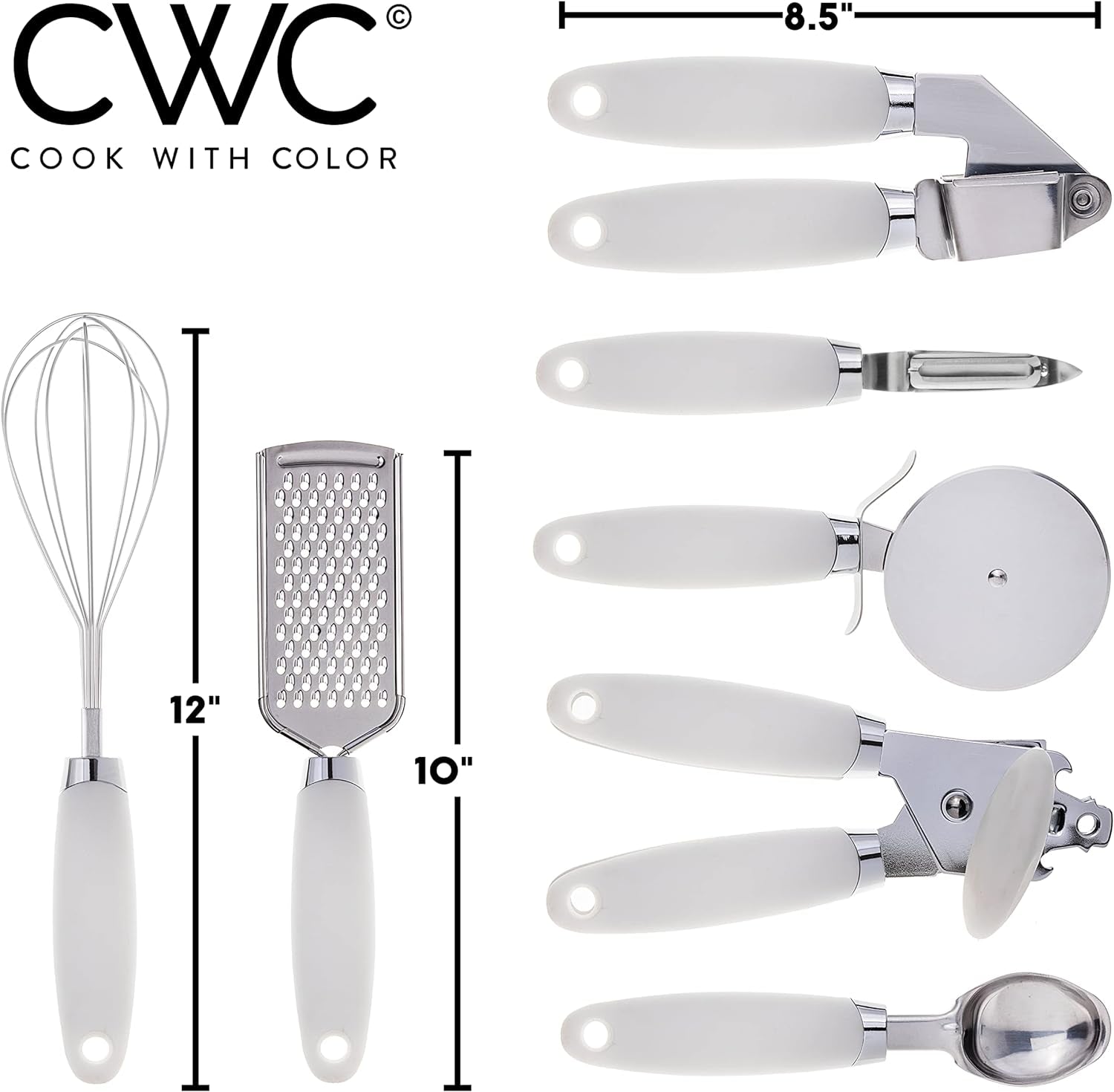 7 Pc Kitchen Gadget Set Stainless Steel Utensils with Soft Touch White Handles