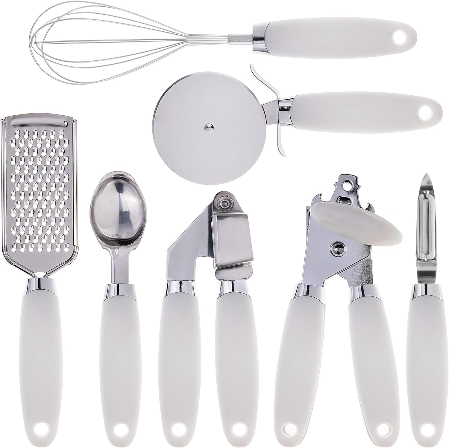 7 Pc Kitchen Gadget Set Stainless Steel Utensils with Soft Touch White Handles