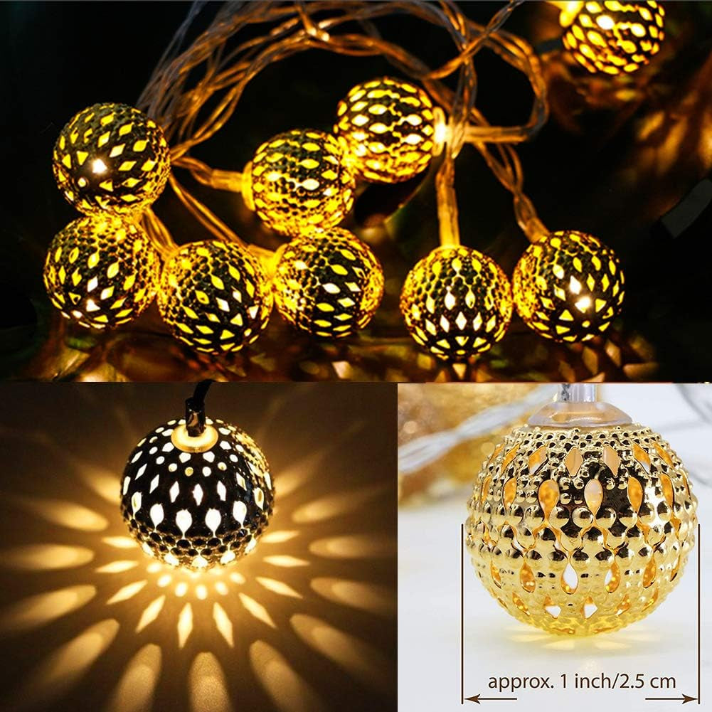 40 LED Globe String Lights, Christmas Decorations Golden Moroccan Hanging Lights Battery Operated Decor for Indoor, Home, Bedroom, Party, Wedding, Christmas Tree, Warm White