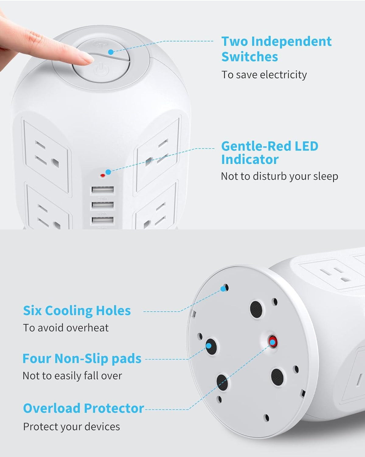 Surge Protector Power Strip Tower with USB Ports,  8 AC Outlets 4 USB Ports,10 Ft Long Extension Cord with Multiple Outlets Charging Station for Home Office Supplies Dorm Room Essentials